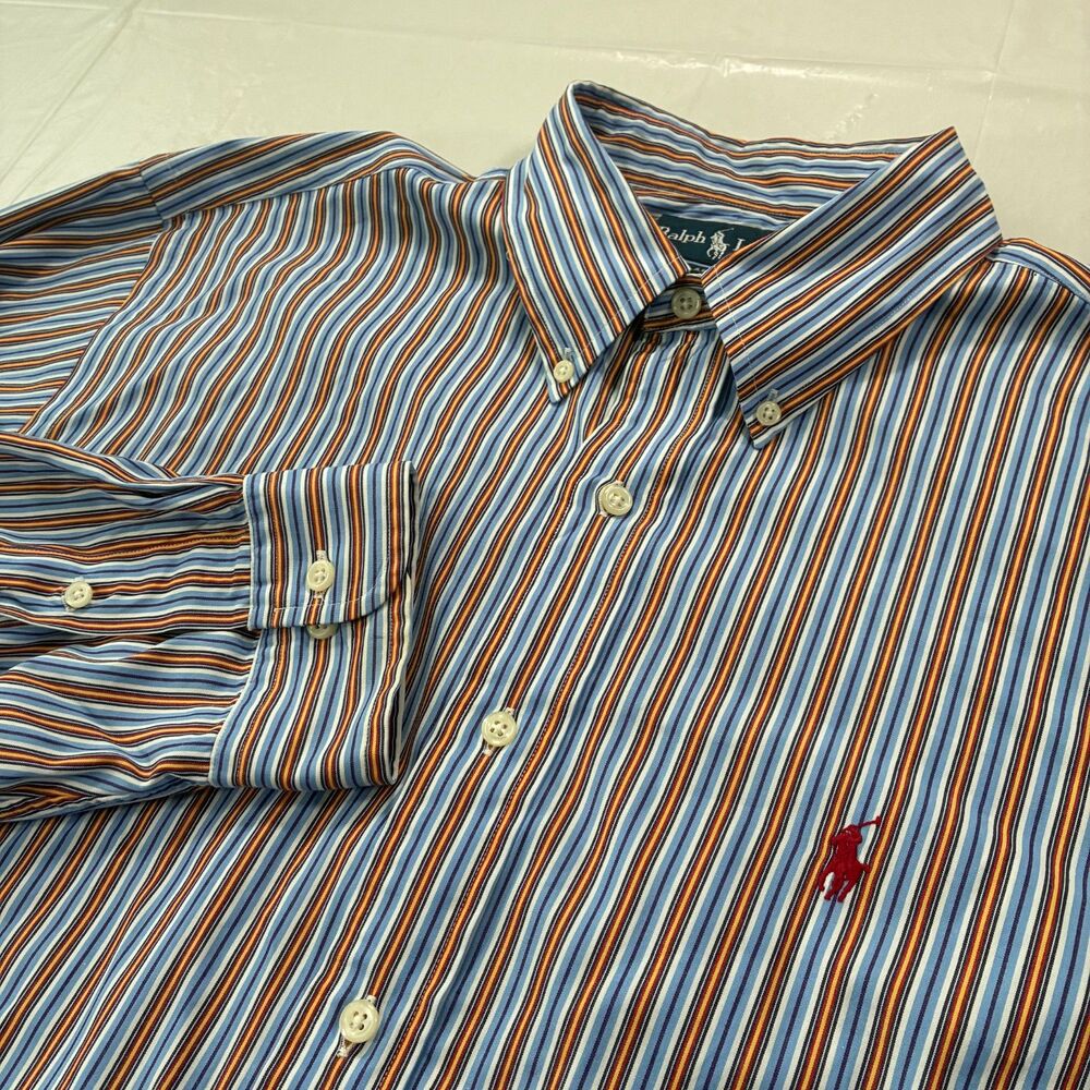 Ralph Lauren Shirt Mens 17 XL Blue Orange Stripe Classic Fit Button Down Preppy